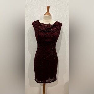 Scarlett Burgundy and Black Floral Lace Sheath Dress.